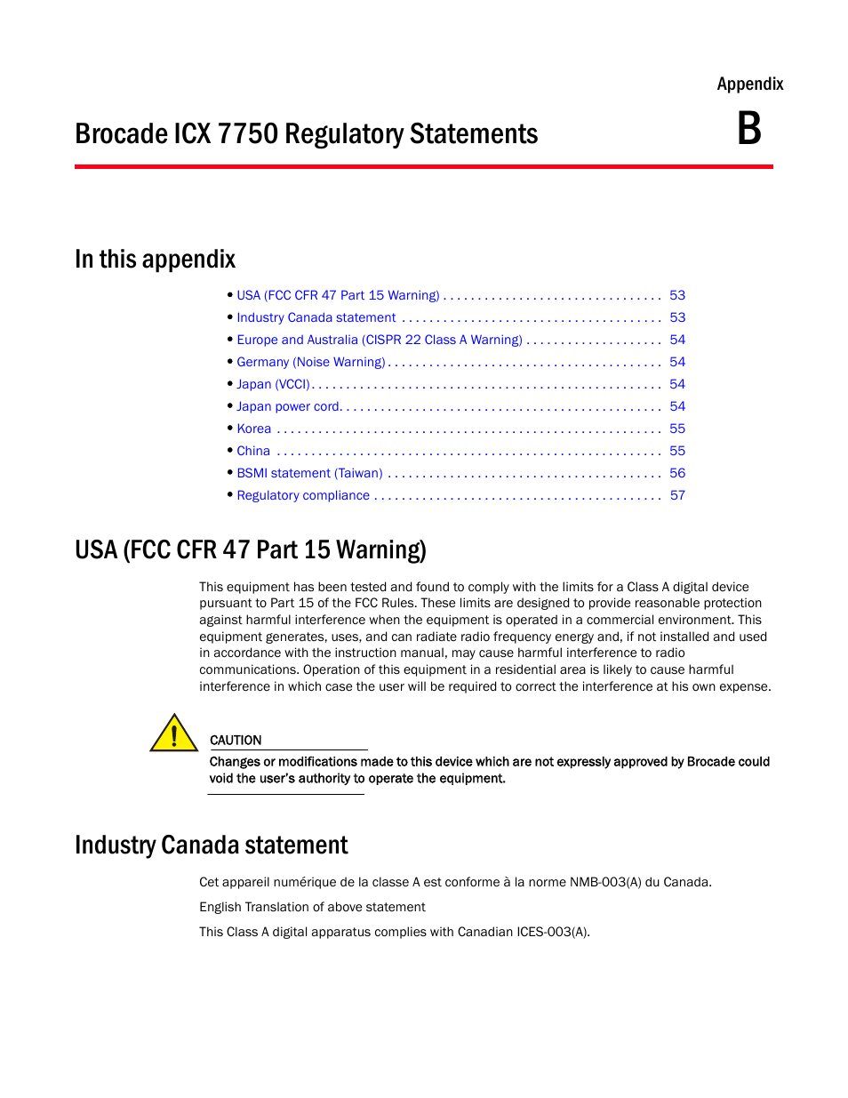 Brocade icx 7750 regulatory statements, In this appendix, Usa (fcc cfr 47 part 15 warning) | Industry canada statement, Appendix b | Brocade ICX 7750 Hardware Installation Guide User Manual | Page 63 / 80