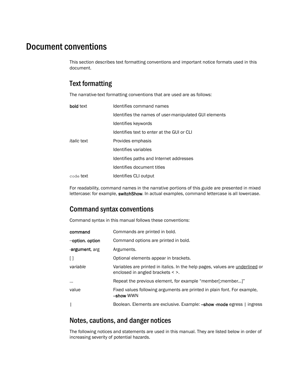 Document conventions, Text formatting, Command syntax conventions | Brocade ICX 7750 Hardware Installation Guide User Manual | Page 8 / 80