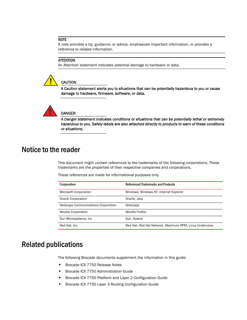 Notice to the reader, Related publications | Brocade ICX 7750 Hardware Installation Guide User Manual | Page 9 / 80