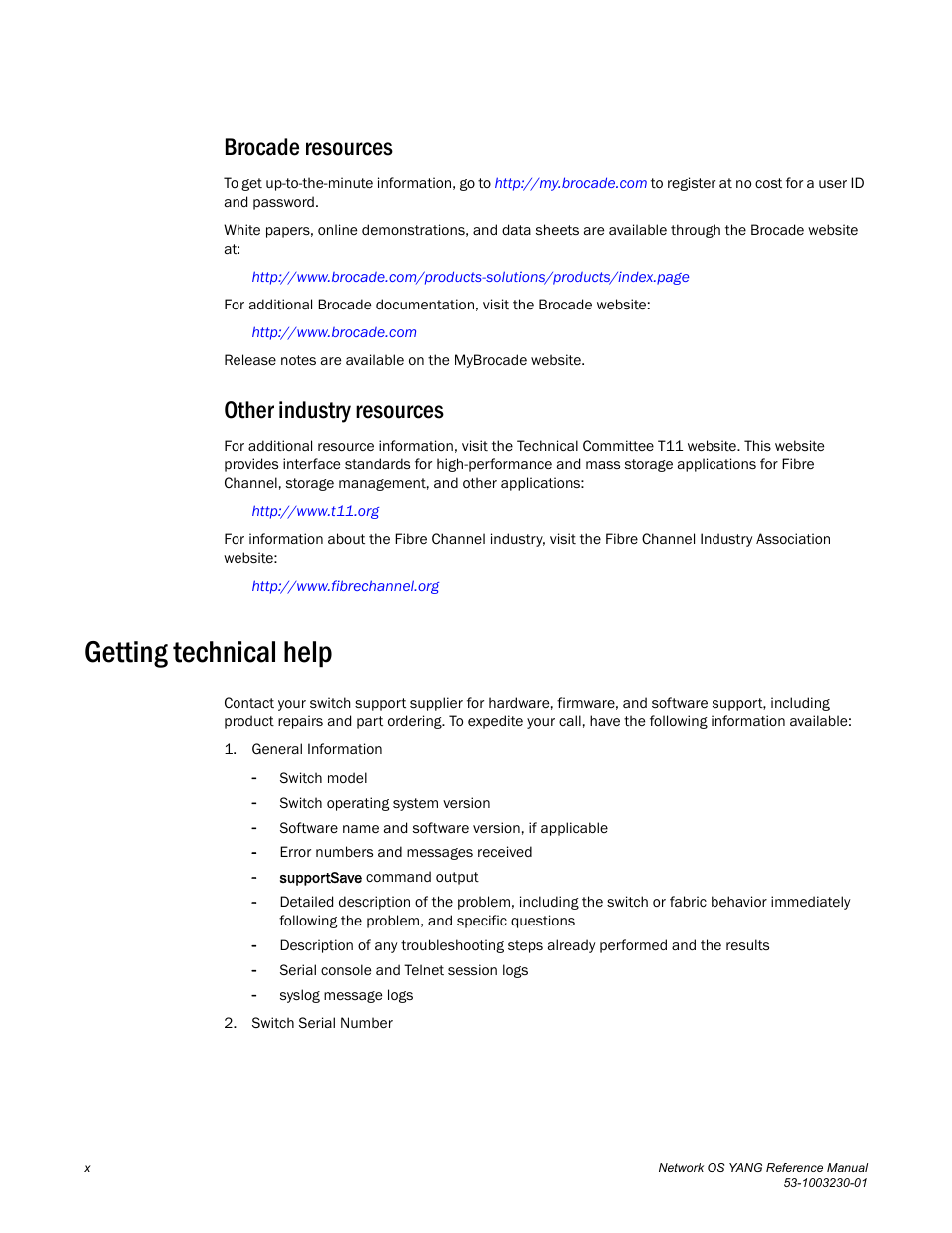 Brocade resources, Other industry resources, Getting technical help | Brocade Network OS YANG Reference Manual v4.1.1 User Manual | Page 10 / 238