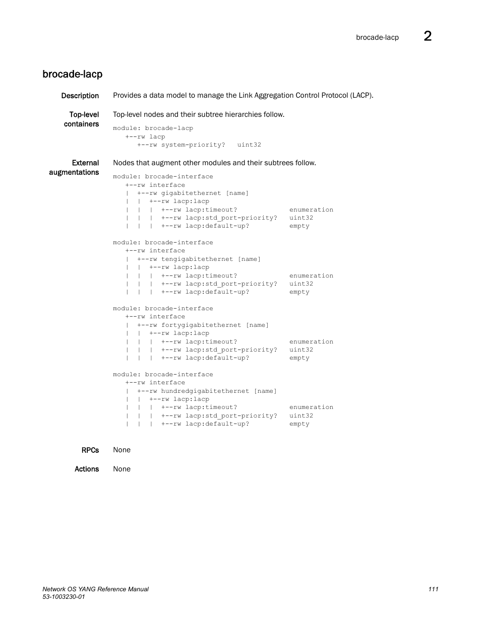 Brocade-lacp | Brocade Network OS YANG Reference Manual v4.1.1 User Manual | Page 123 / 238
