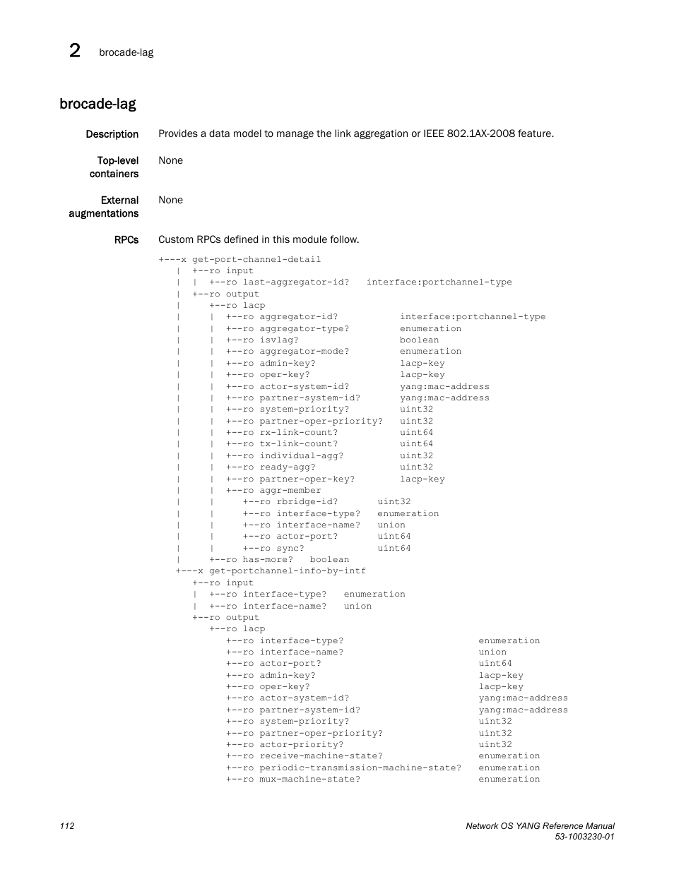 Brocade-lag | Brocade Network OS YANG Reference Manual v4.1.1 User Manual | Page 124 / 238