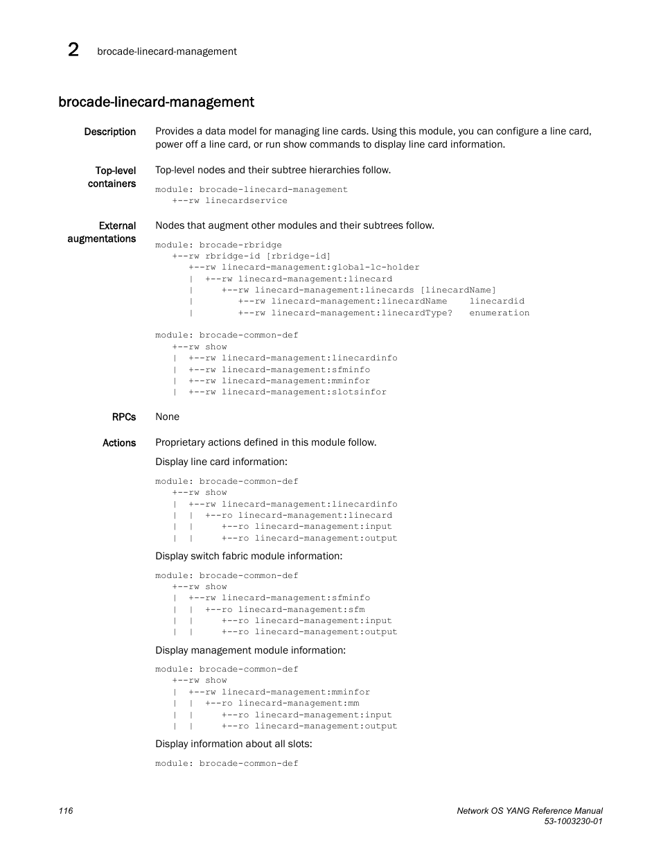 Brocade-linecard-management | Brocade Network OS YANG Reference Manual v4.1.1 User Manual | Page 128 / 238