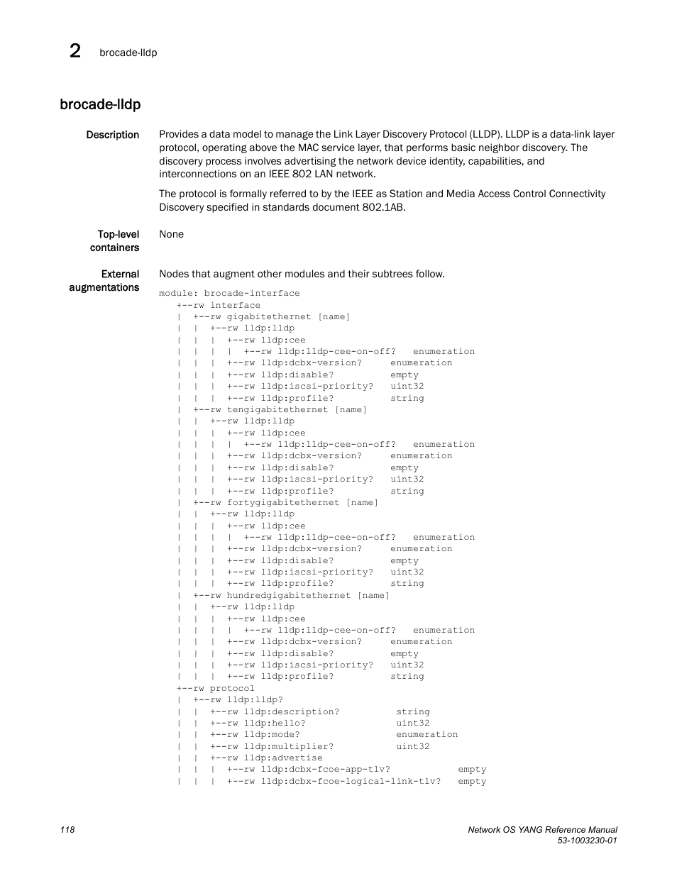 Brocade-lldp | Brocade Network OS YANG Reference Manual v4.1.1 User Manual | Page 130 / 238