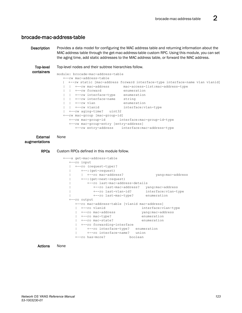 Brocade-mac-address-table | Brocade Network OS YANG Reference Manual v4.1.1 User Manual | Page 135 / 238