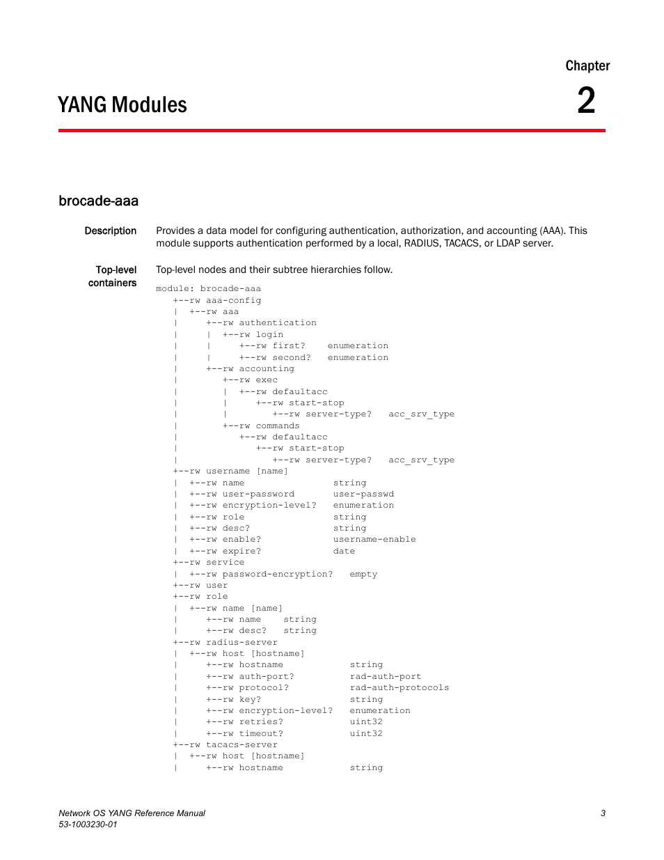 Yang modules, Brocade-aaa, Chapter 2 | Chapter 2, “yang modules | Brocade Network OS YANG Reference Manual v4.1.1 User Manual | Page 15 / 238