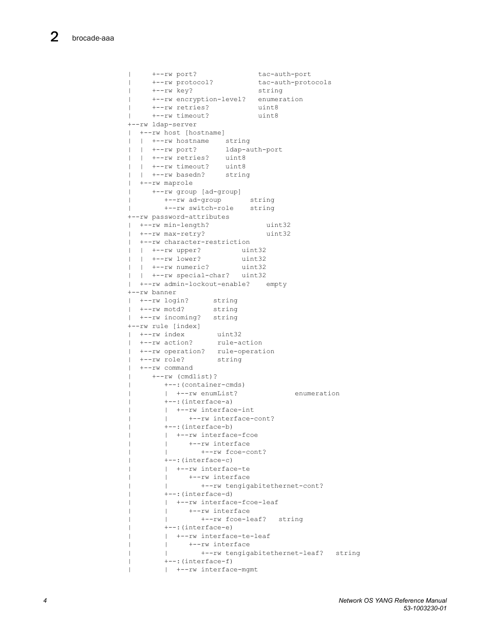 Brocade Network OS YANG Reference Manual v4.1.1 User Manual | Page 16 / 238