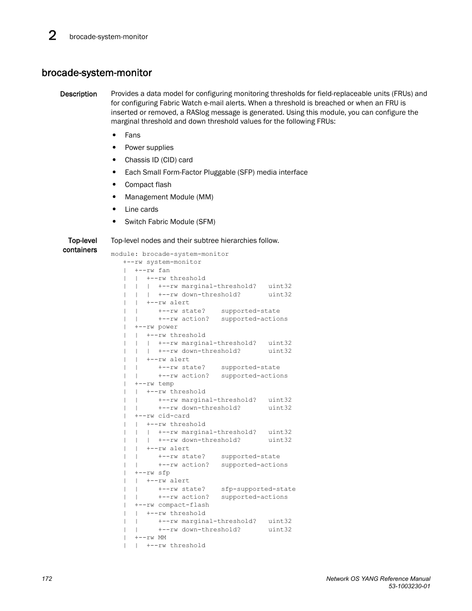 Brocade-system-monitor | Brocade Network OS YANG Reference Manual v4.1.1 User Manual | Page 184 / 238