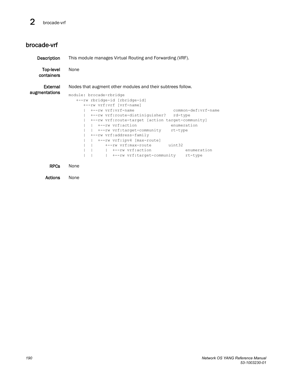 Brocade-vrf | Brocade Network OS YANG Reference Manual v4.1.1 User Manual | Page 202 / 238