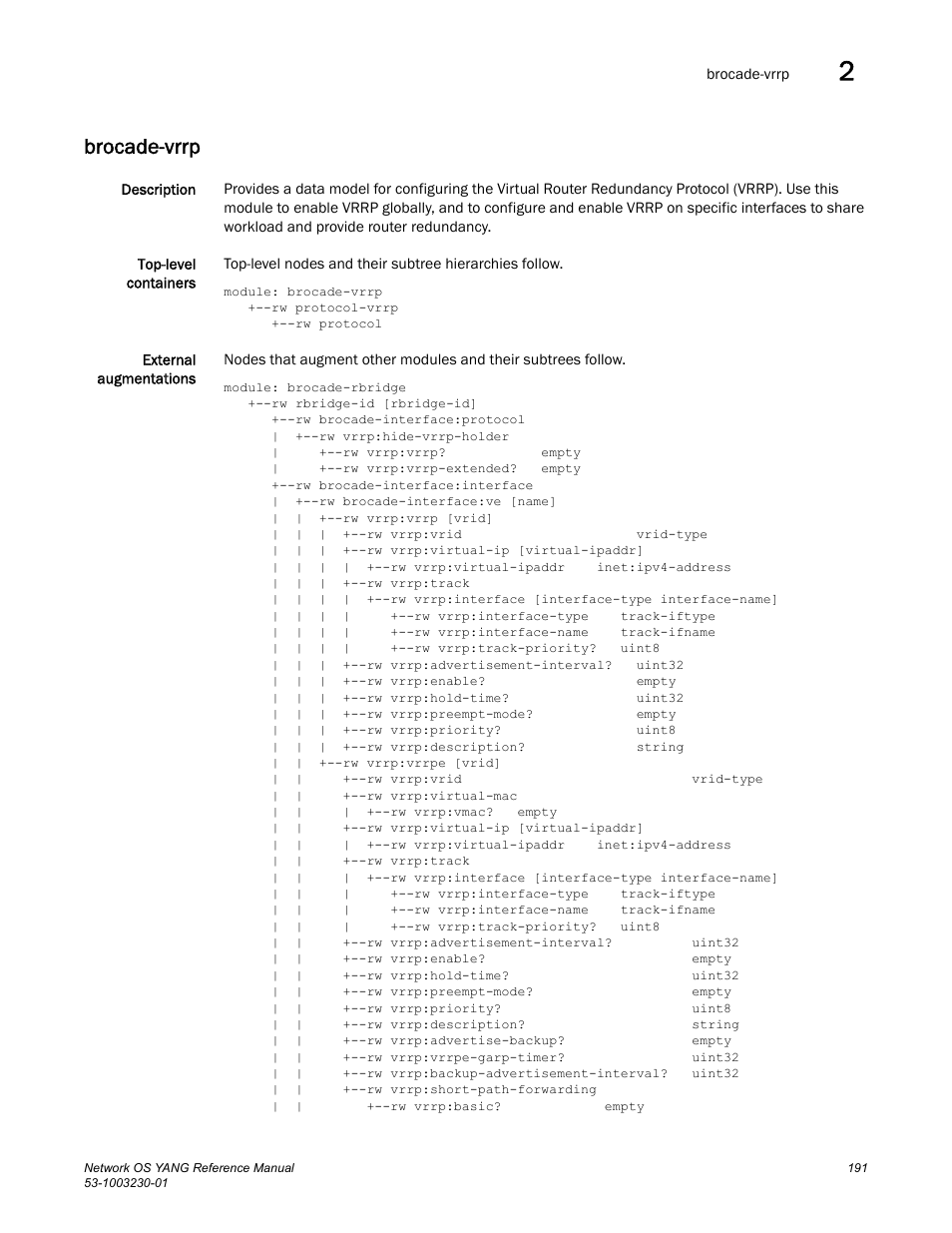 Brocade-vrrp | Brocade Network OS YANG Reference Manual v4.1.1 User Manual | Page 203 / 238