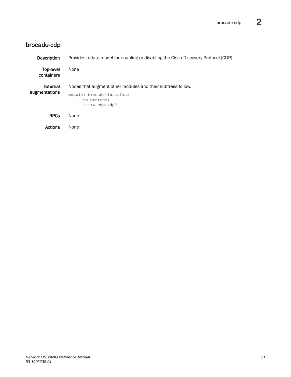 Brocade-cdp | Brocade Network OS YANG Reference Manual v4.1.1 User Manual | Page 33 / 238