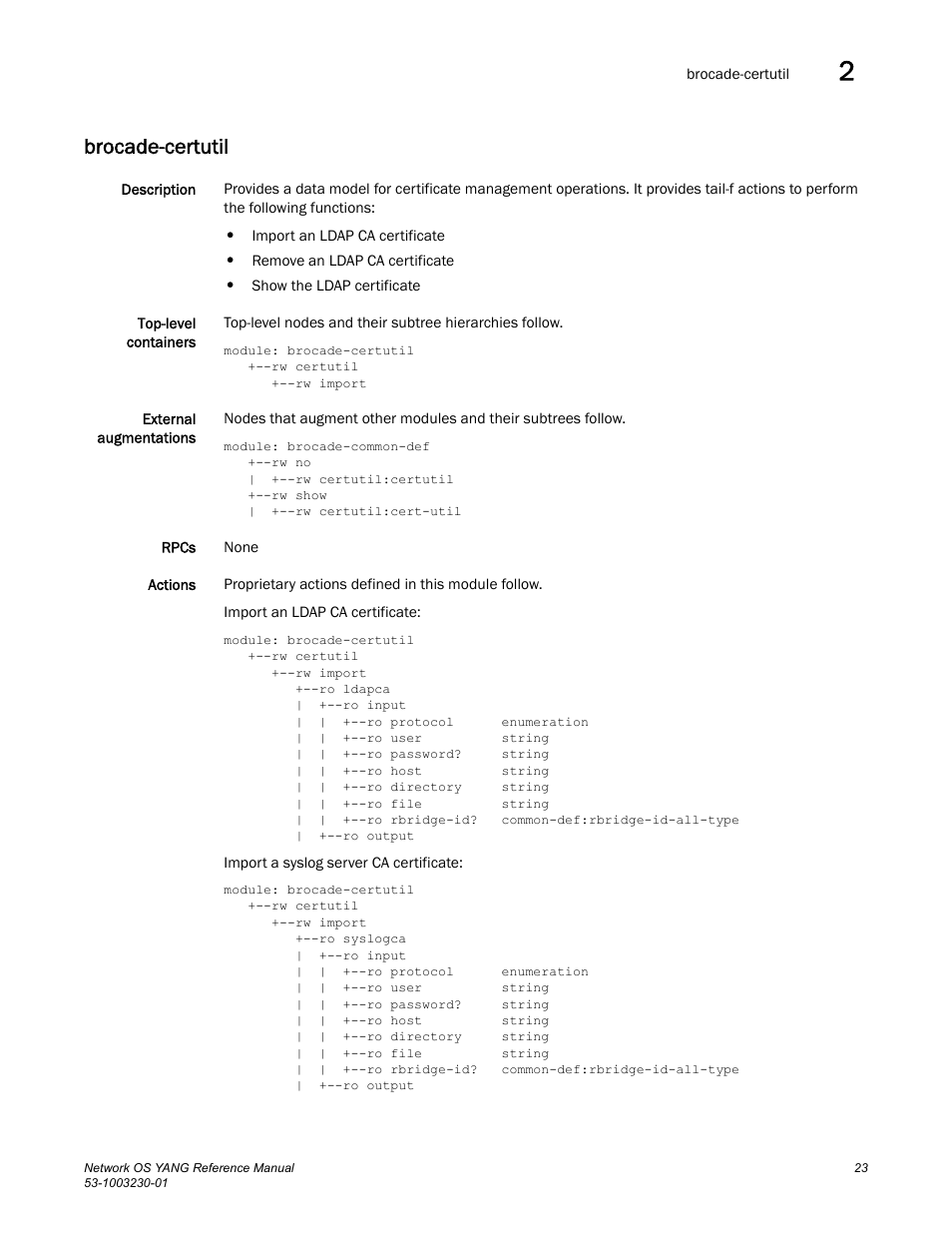 Brocade-certutil | Brocade Network OS YANG Reference Manual v4.1.1 User Manual | Page 35 / 238