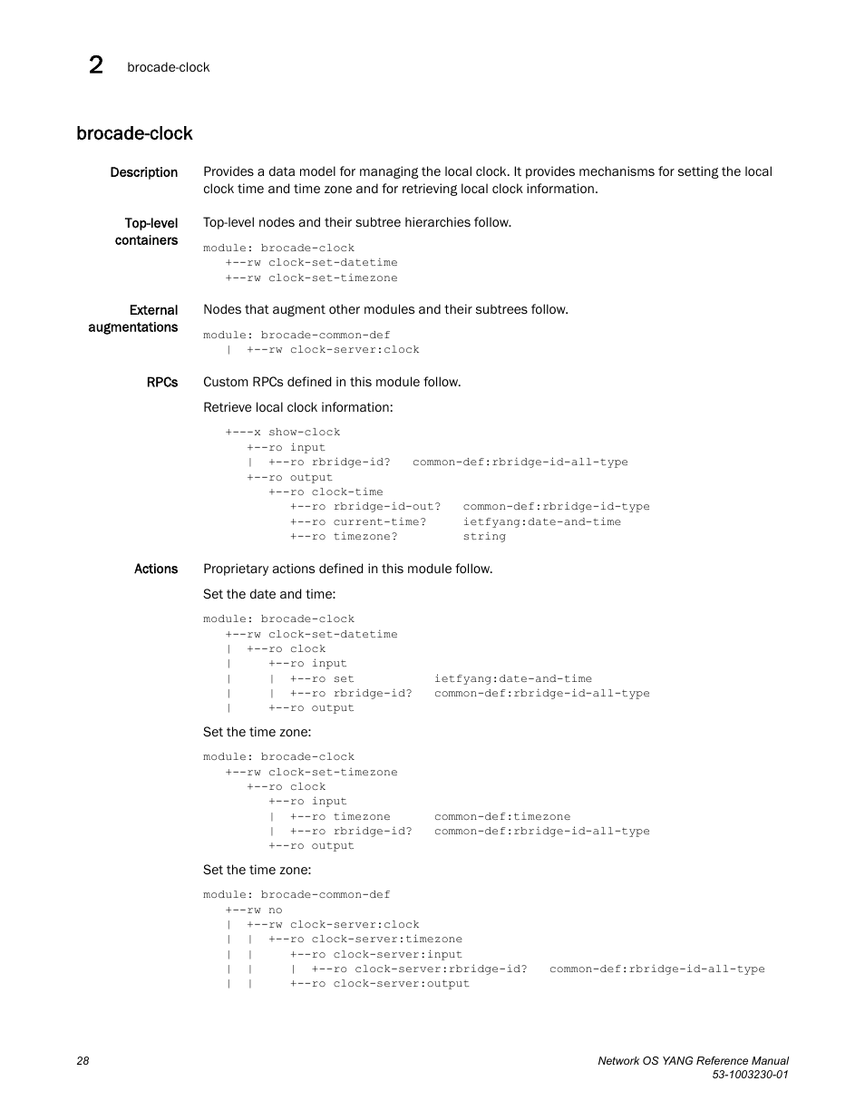 Brocade-clock | Brocade Network OS YANG Reference Manual v4.1.1 User Manual | Page 40 / 238