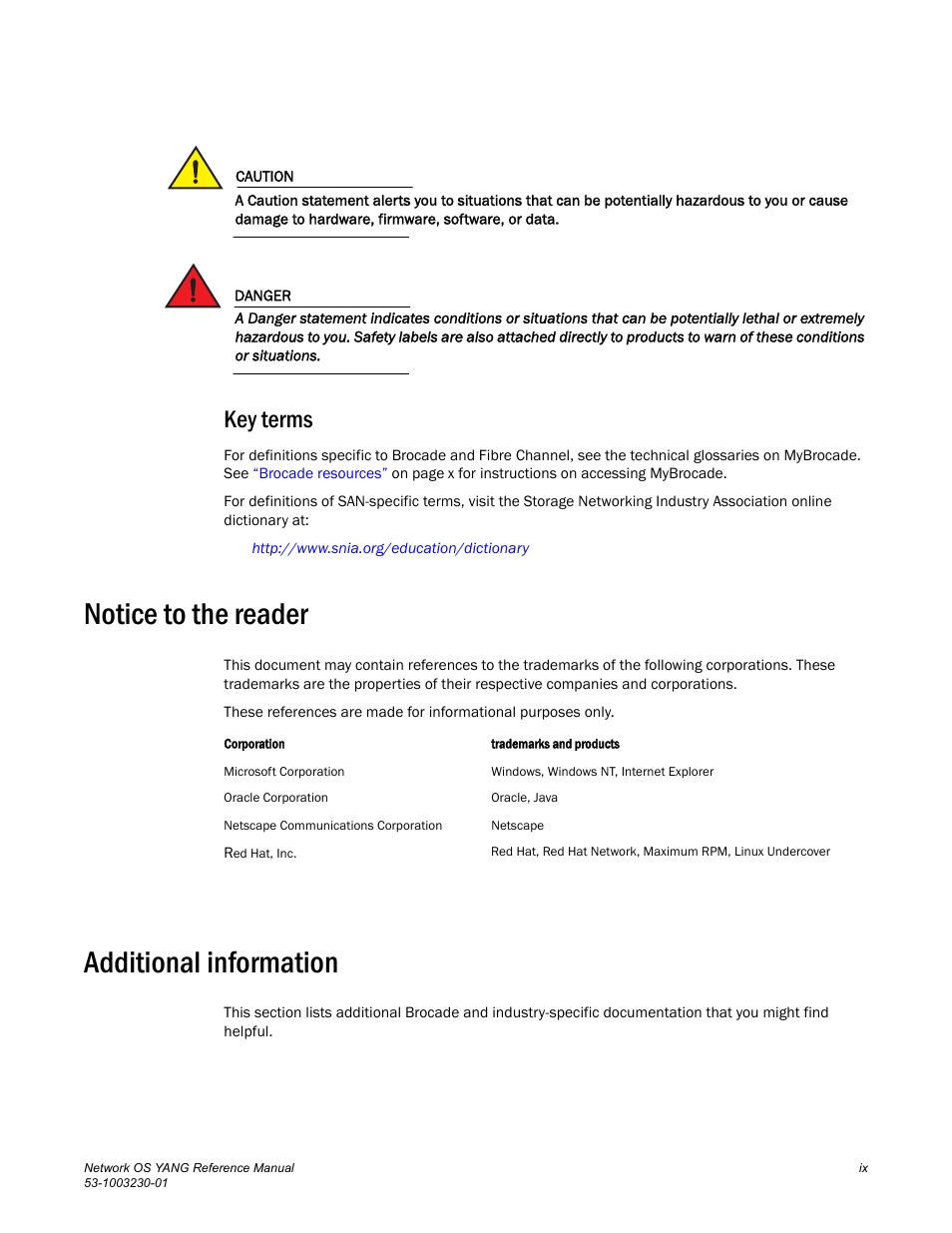 Key terms, Notice to the reader, Additional information | Brocade Network OS YANG Reference Manual v4.1.1 User Manual | Page 9 / 238