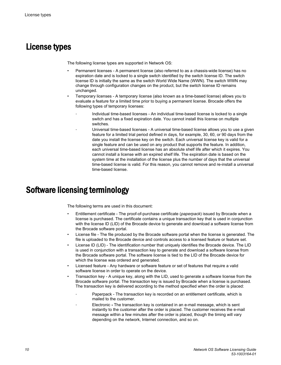 License types, Software licensing terminology, License types software licensing terminology | Brocade Network OS Software Licensing Guide v4.1.0 User Manual | Page 12 / 34