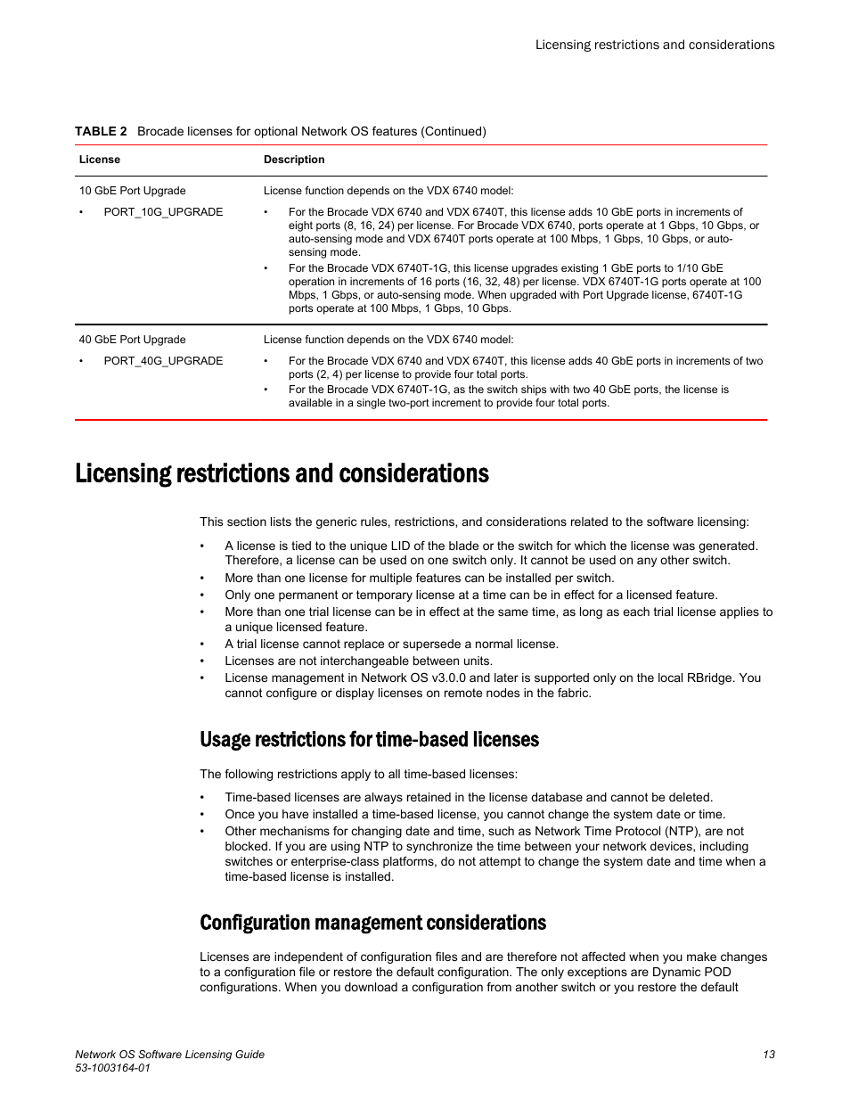 Licensing restrictions and considerations, Usage restrictions for time-based licenses, Configuration management considerations | Brocade Network OS Software Licensing Guide v4.1.0 User Manual | Page 15 / 34