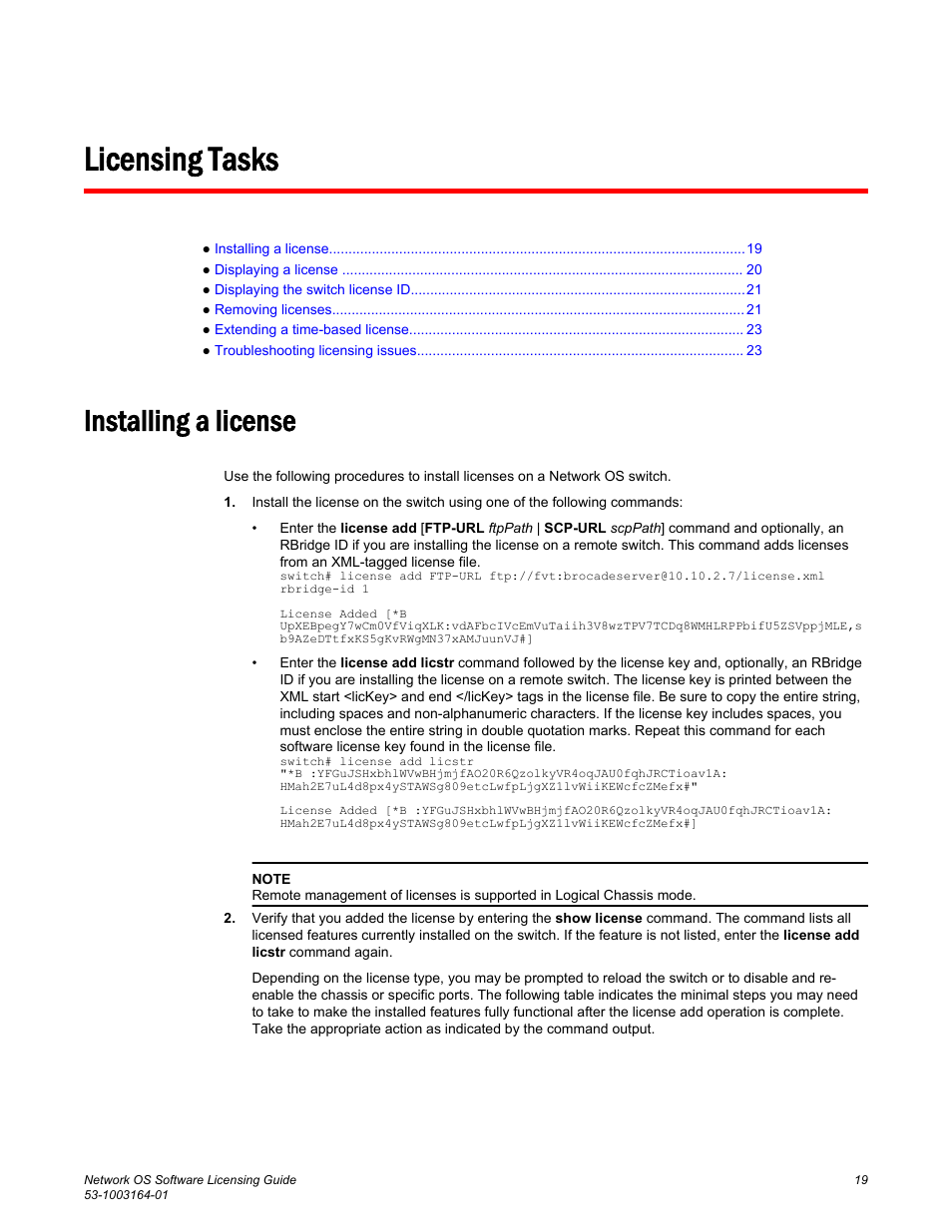 Licensing tasks, Installing a license | Brocade Network OS Software Licensing Guide v4.1.0 User Manual | Page 21 / 34