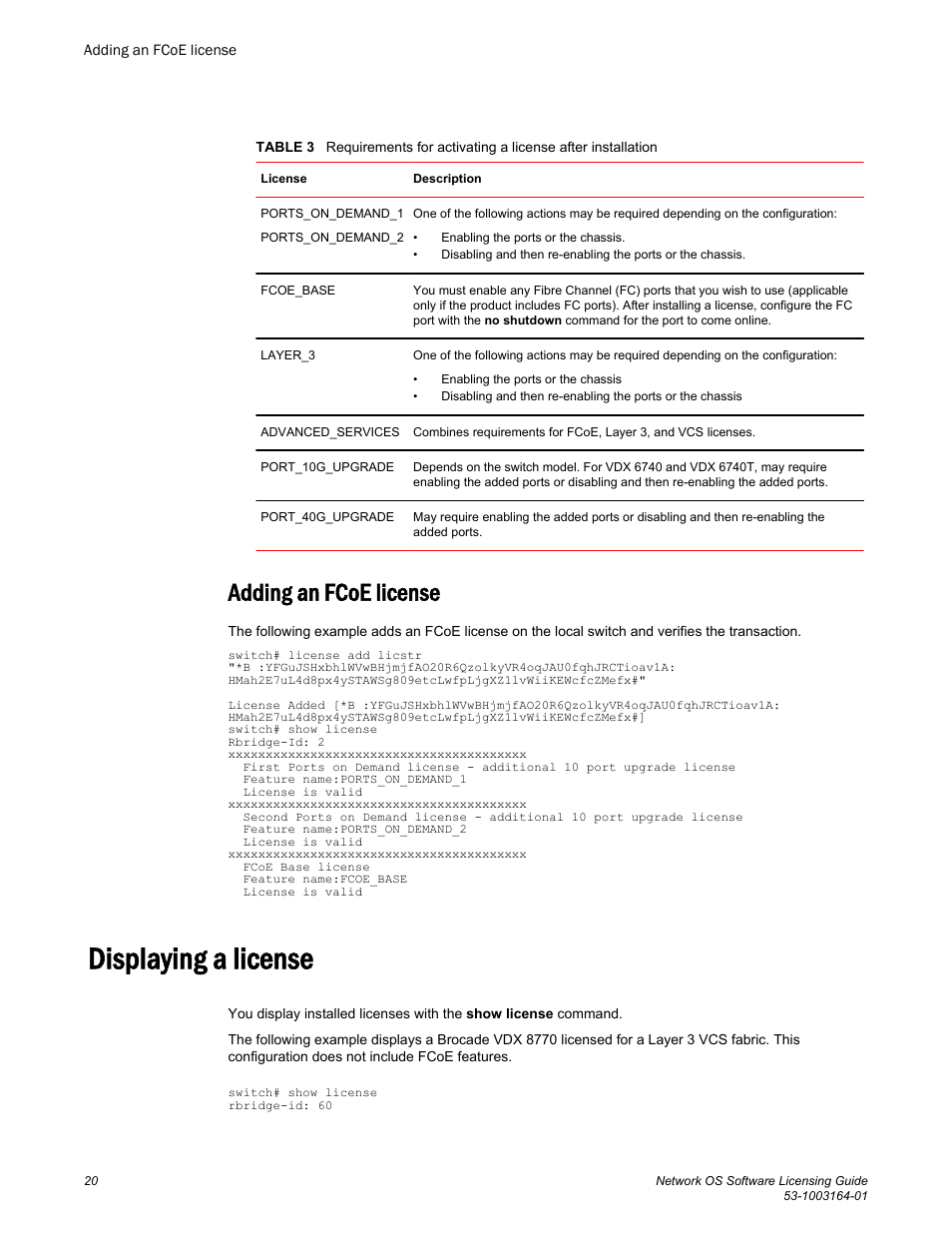 Adding an fcoe license, Displaying a license | Brocade Network OS Software Licensing Guide v4.1.0 User Manual | Page 22 / 34