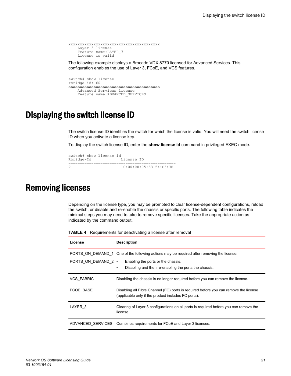 Displaying the switch license id, Removing licenses, Displaying the switch license id removing licenses | Brocade Network OS Software Licensing Guide v4.1.0 User Manual | Page 23 / 34