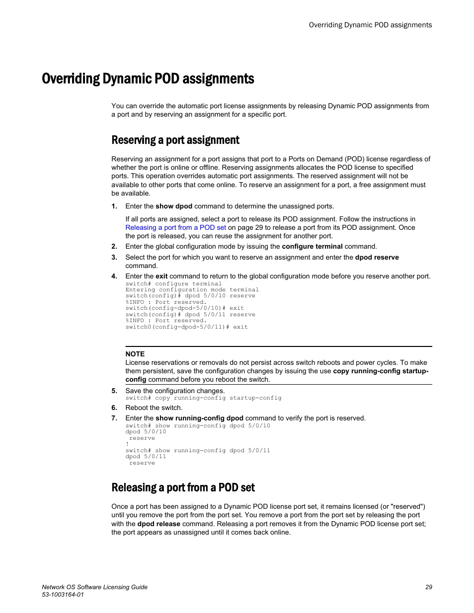 Overriding dynamic pod assignments, Reserving a port assignment, Releasing a port from a pod set | Brocade Network OS Software Licensing Guide v4.1.0 User Manual | Page 31 / 34