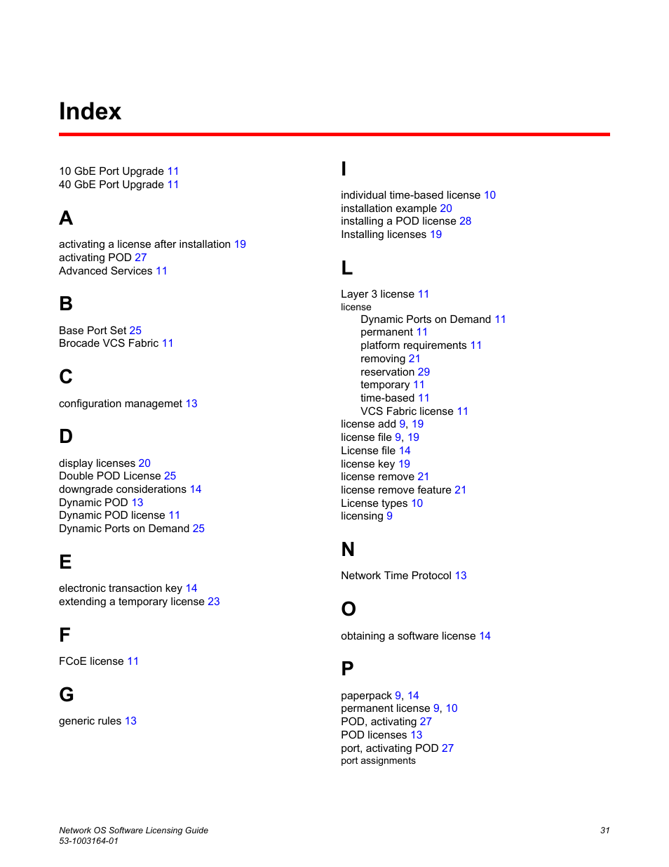 Index | Brocade Network OS Software Licensing Guide v4.1.0 User Manual | Page 33 / 34