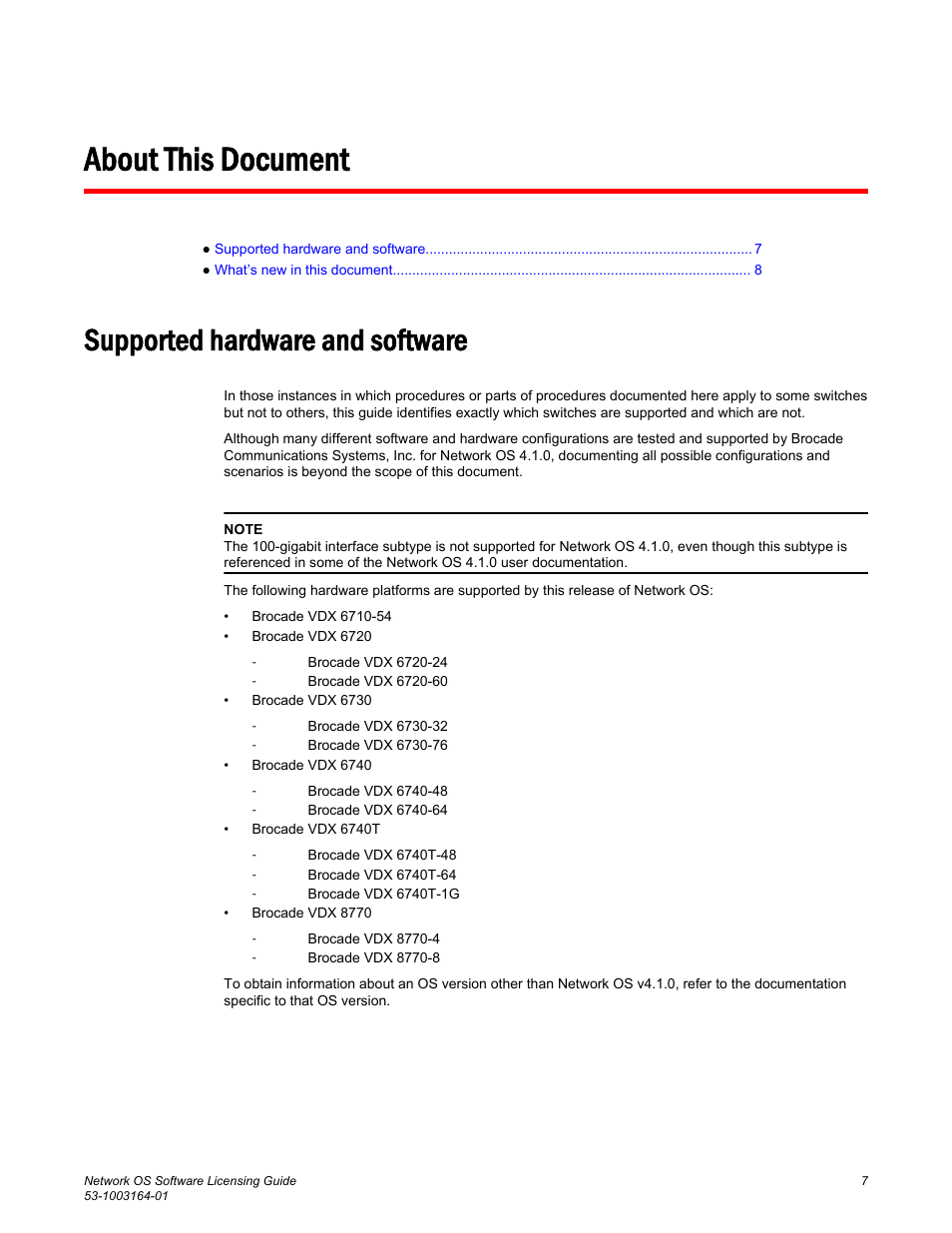 About this document, Supported hardware and software | Brocade Network OS Software Licensing Guide v4.1.0 User Manual | Page 9 / 34