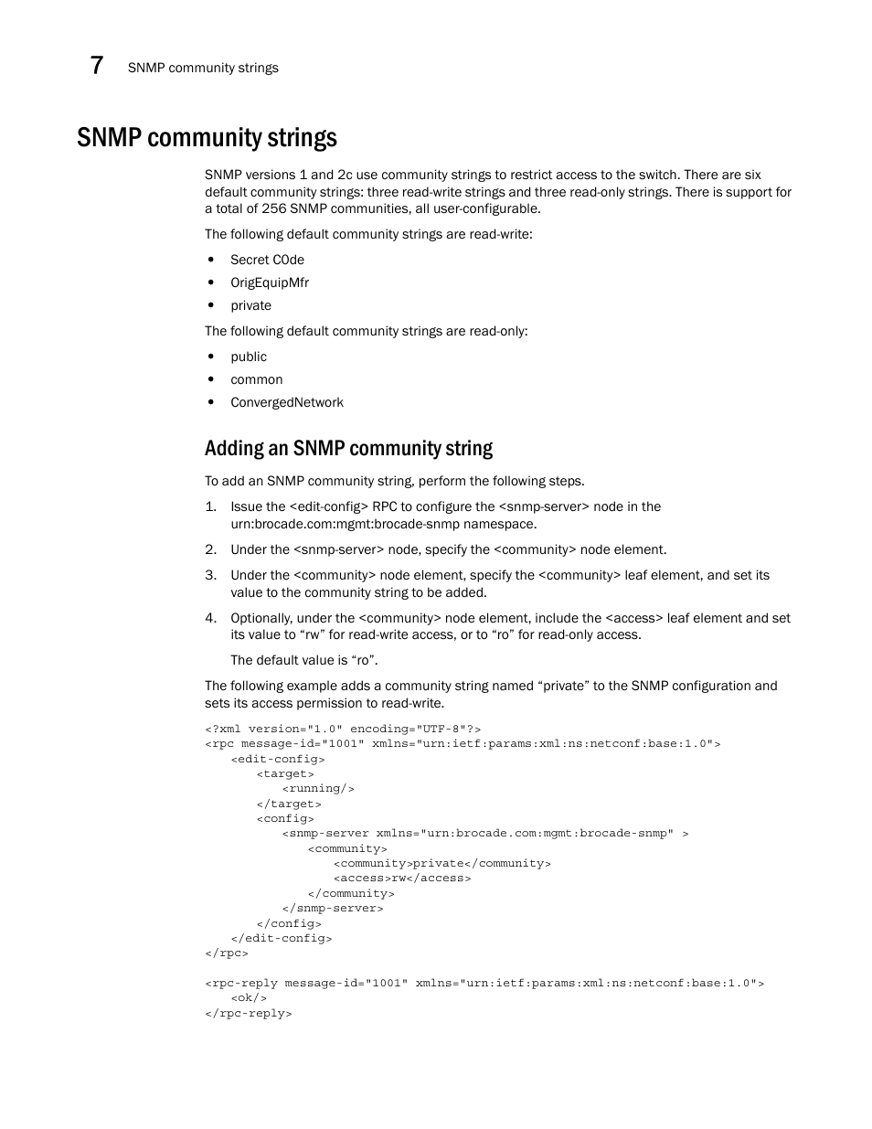 Snmp community strings, Adding an snmp community string | Brocade Network OS NETCONF Operations Guide v4.1.1 User Manual | Page 106 / 622
