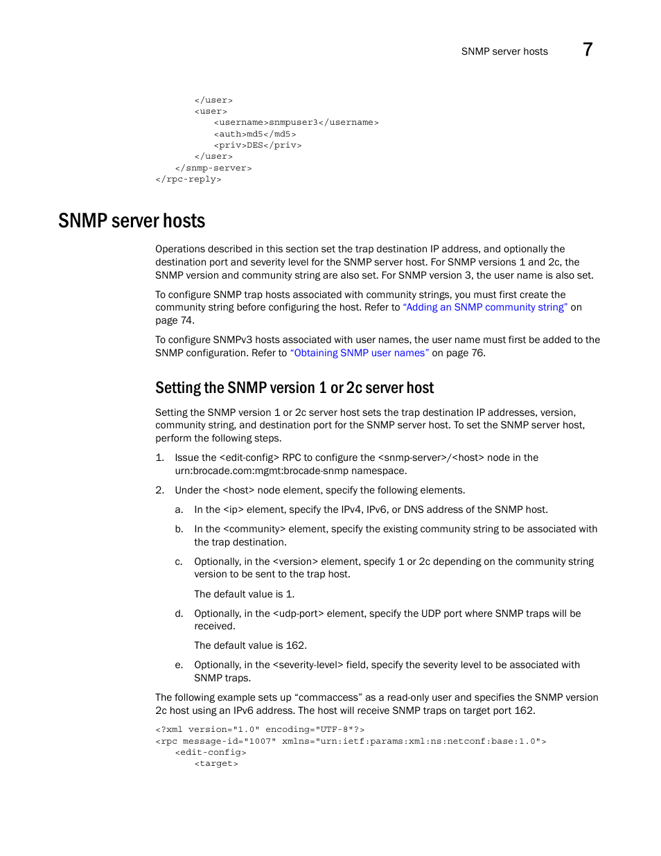 Snmp server hosts, Setting the snmp version 1 or 2c server host | Brocade Network OS NETCONF Operations Guide v4.1.1 User Manual | Page 109 / 622