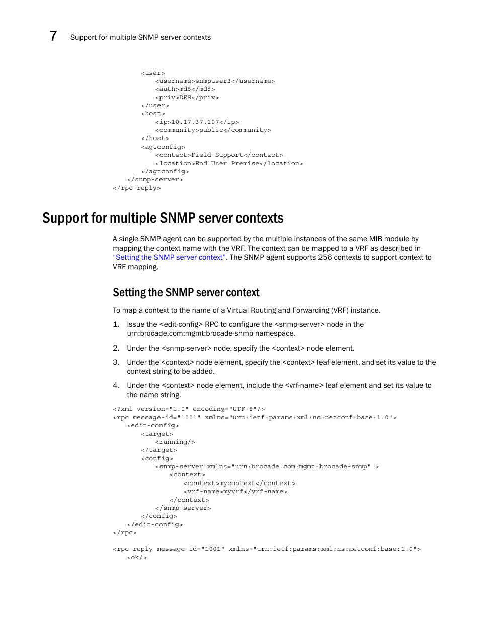 Support for multiple snmp server contexts, Setting the snmp server context | Brocade Network OS NETCONF Operations Guide v4.1.1 User Manual | Page 114 / 622