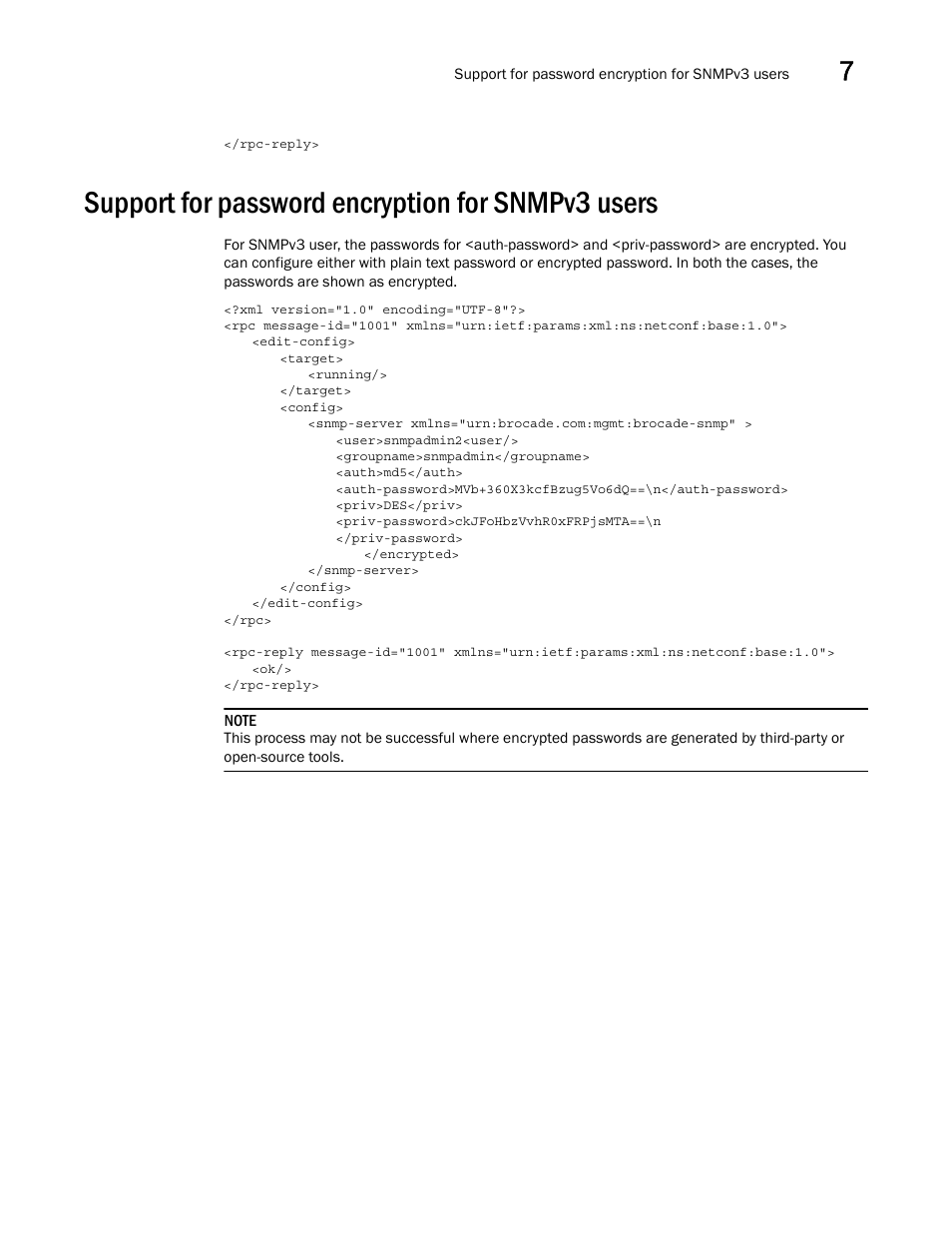 Support for password encryption for snmpv3 users | Brocade Network OS NETCONF Operations Guide v4.1.1 User Manual | Page 115 / 622
