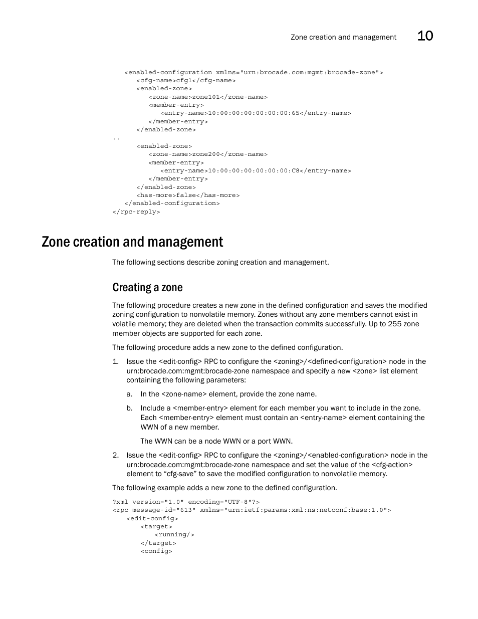 Zone creation and management, Creating a zone | Brocade Network OS NETCONF Operations Guide v4.1.1 User Manual | Page 147 / 622