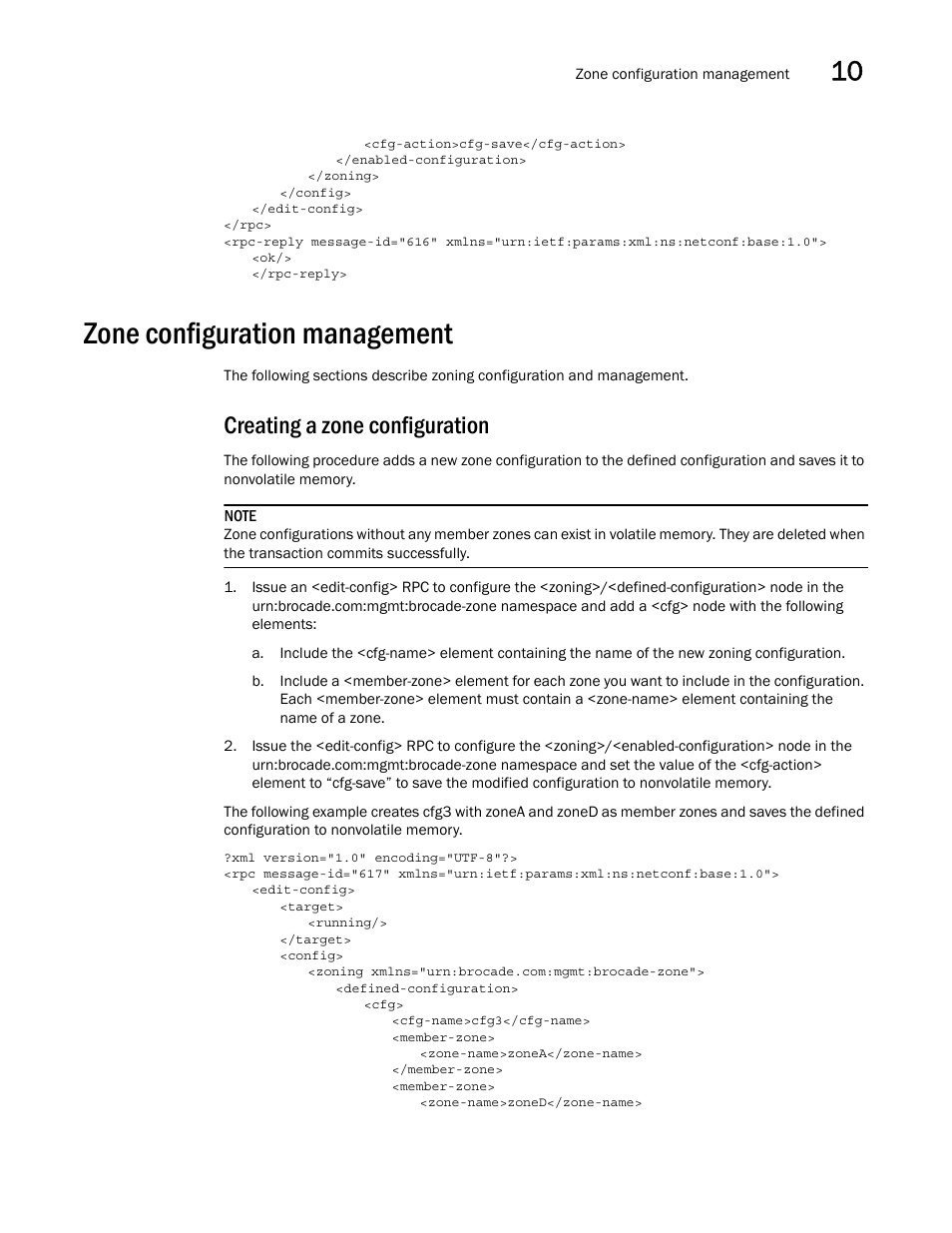 Zone configuration management, Creating a zone configuration | Brocade Network OS NETCONF Operations Guide v4.1.1 User Manual | Page 151 / 622