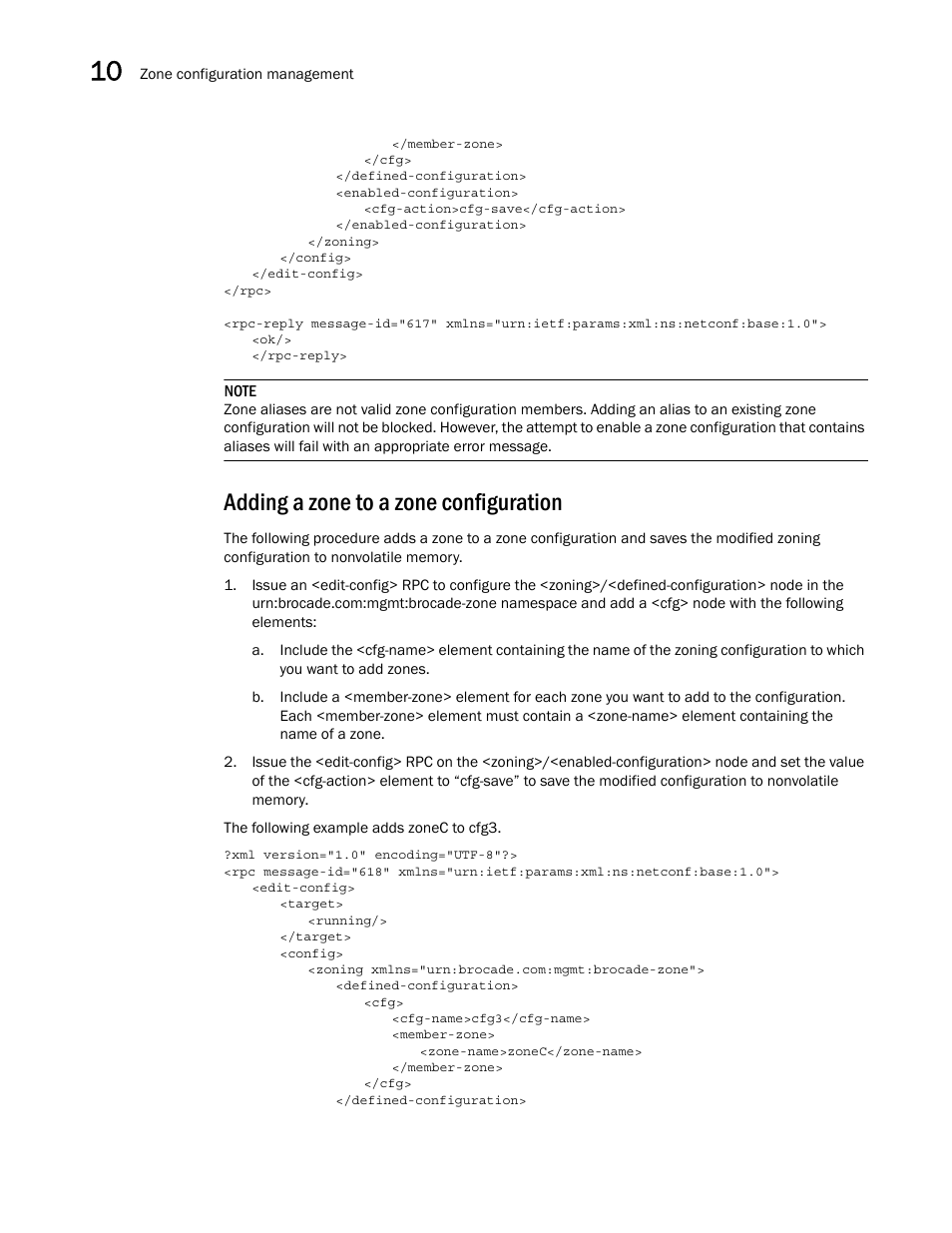 Adding a zone to a zone configuration | Brocade Network OS NETCONF Operations Guide v4.1.1 User Manual | Page 152 / 622