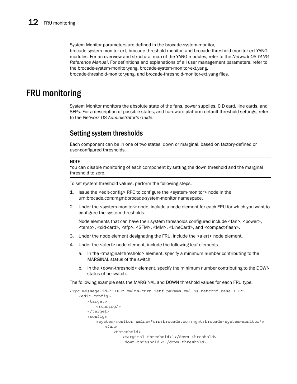 Fru monitoring, Setting system thresholds | Brocade Network OS NETCONF Operations Guide v4.1.1 User Manual | Page 176 / 622