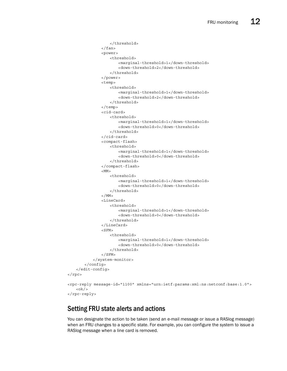 Setting fru state alerts and actions | Brocade Network OS NETCONF Operations Guide v4.1.1 User Manual | Page 177 / 622