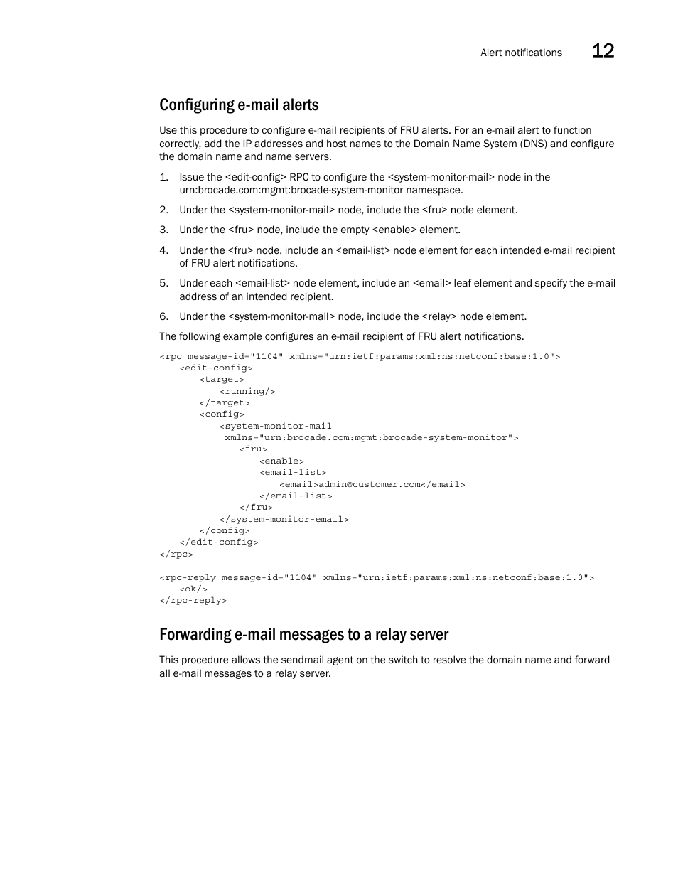 Configuring e-mail alerts, Forwarding e-mail messages to a relay server | Brocade Network OS NETCONF Operations Guide v4.1.1 User Manual | Page 181 / 622