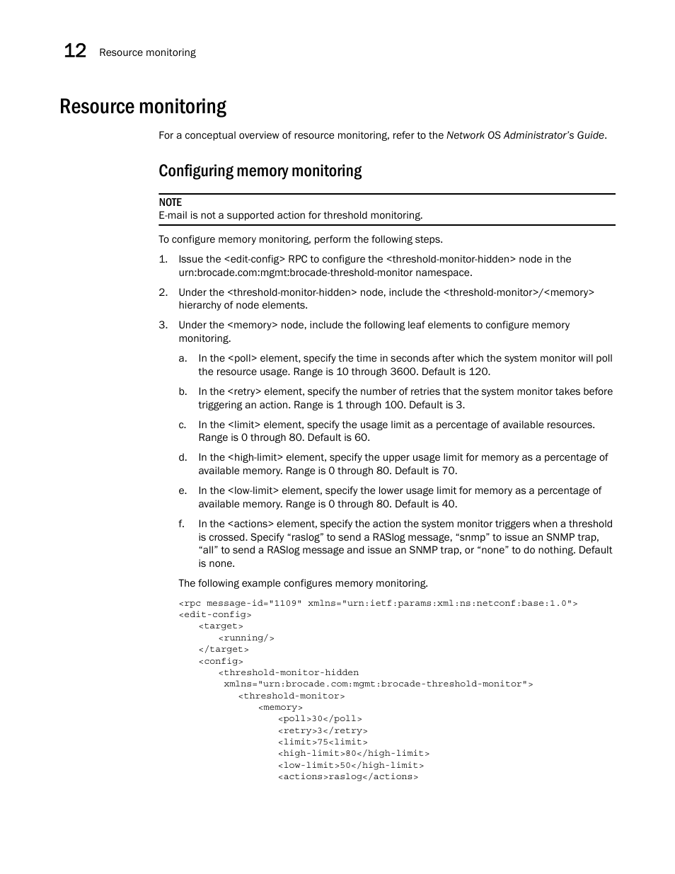 Resource monitoring, Configuring memory monitoring | Brocade Network OS NETCONF Operations Guide v4.1.1 User Manual | Page 184 / 622