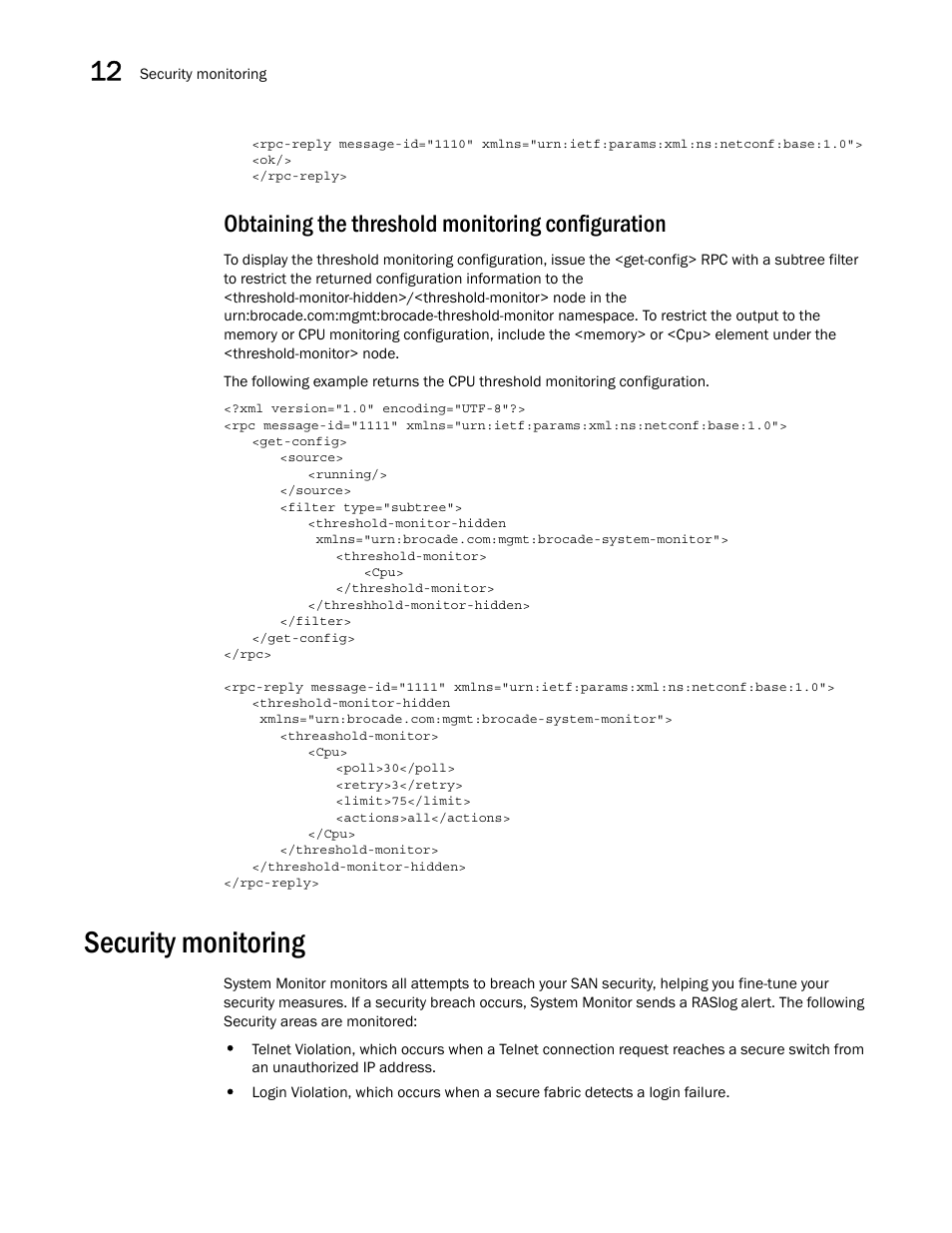 Obtaining the threshold monitoring configuration, Security monitoring | Brocade Network OS NETCONF Operations Guide v4.1.1 User Manual | Page 186 / 622