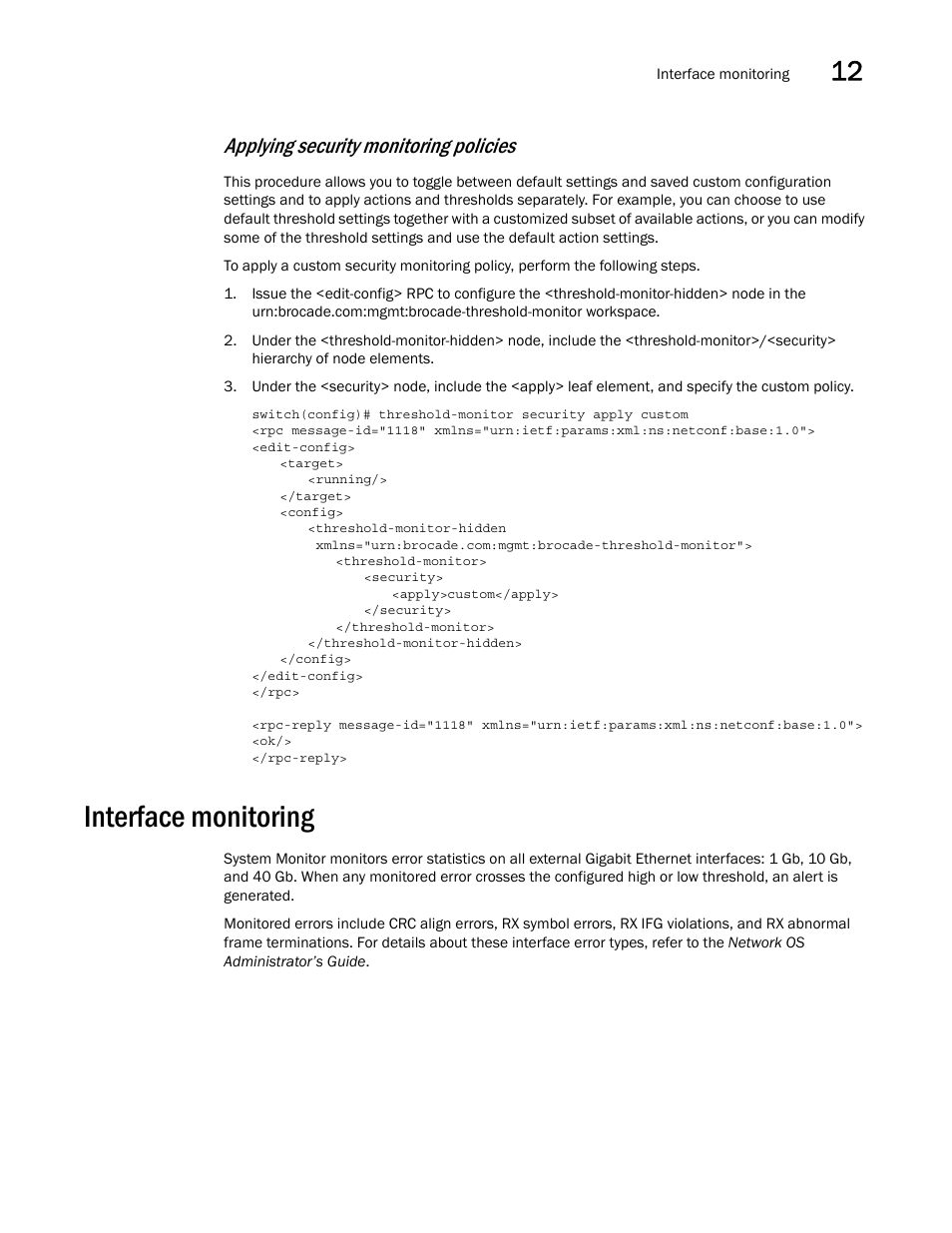 Interface monitoring, Applying security monitoring policies | Brocade Network OS NETCONF Operations Guide v4.1.1 User Manual | Page 189 / 622