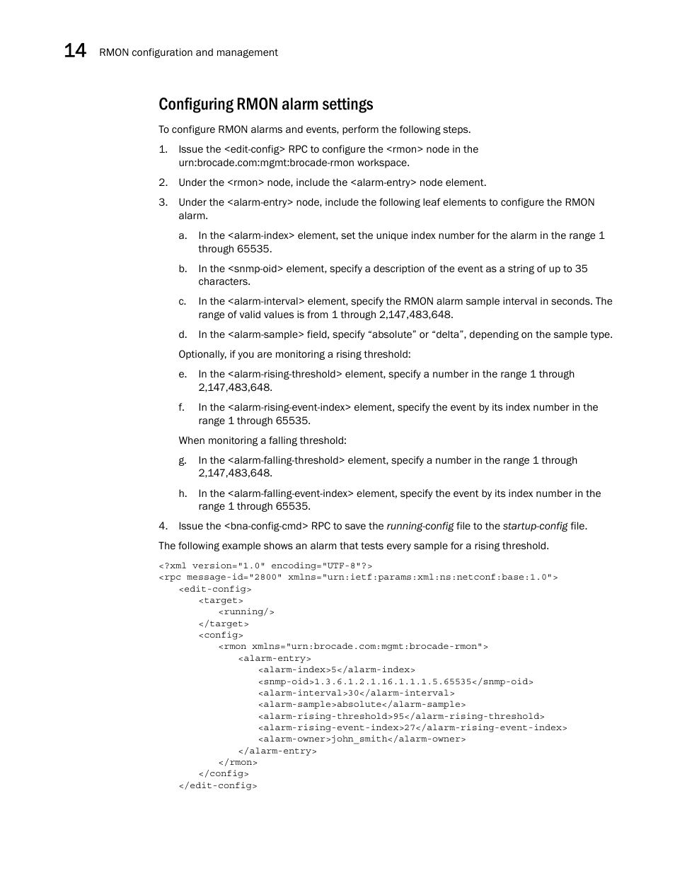 Configuring rmon alarm settings | Brocade Network OS NETCONF Operations Guide v4.1.1 User Manual | Page 200 / 622