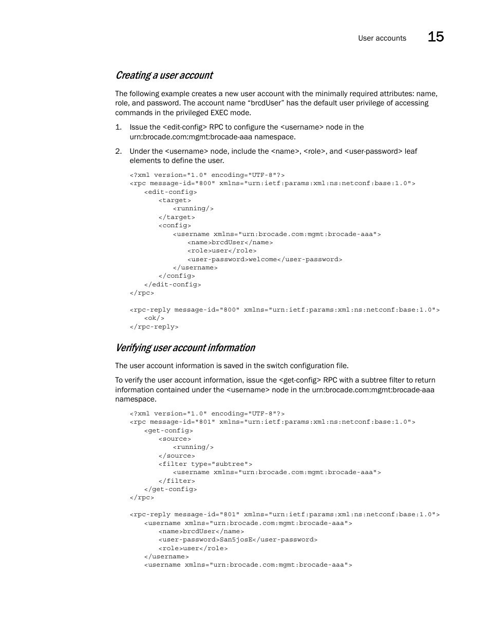Creating a user account, Verifying user account information | Brocade Network OS NETCONF Operations Guide v4.1.1 User Manual | Page 207 / 622