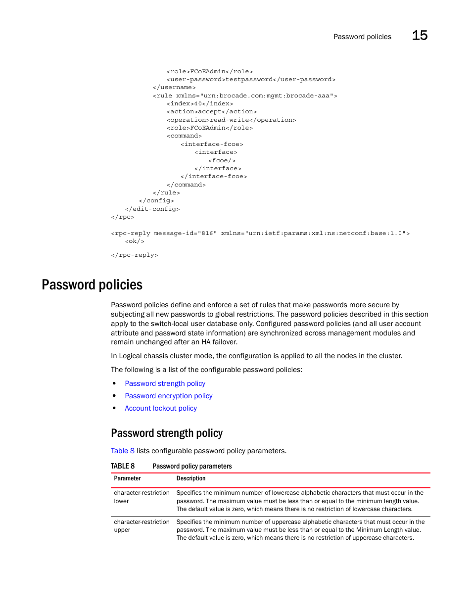 Password policies, Password strength policy, Table 8 | Brocade Network OS NETCONF Operations Guide v4.1.1 User Manual | Page 221 / 622