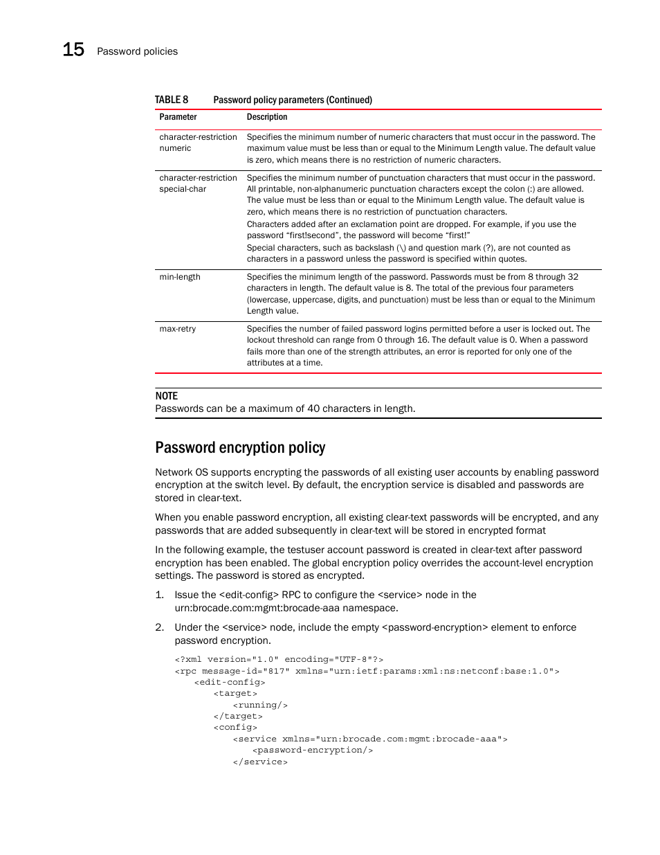 Password encryption policy | Brocade Network OS NETCONF Operations Guide v4.1.1 User Manual | Page 222 / 622