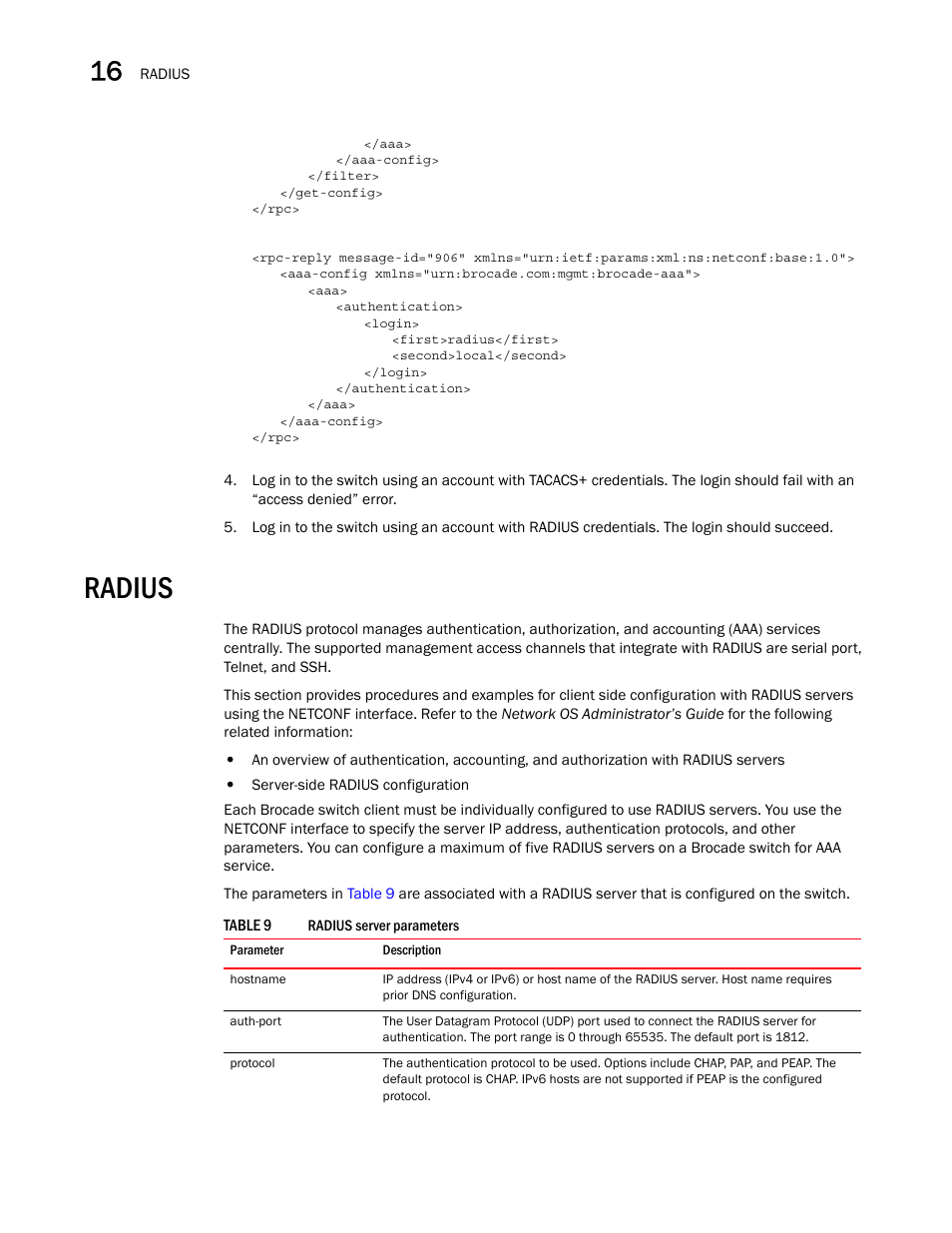 Radius, Table 9 | Brocade Network OS NETCONF Operations Guide v4.1.1 User Manual | Page 234 / 622