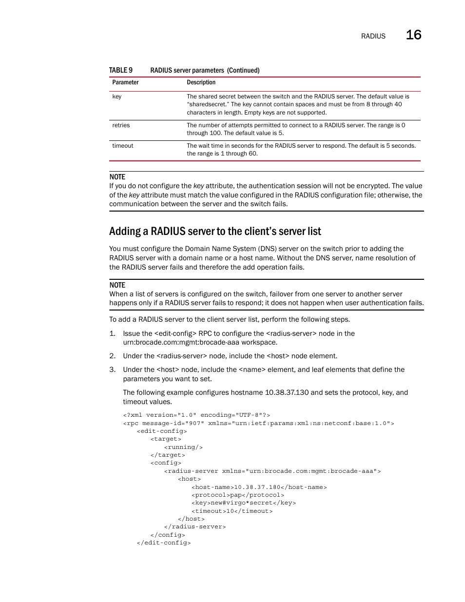 Adding a radius server to the client’s server list | Brocade Network OS NETCONF Operations Guide v4.1.1 User Manual | Page 235 / 622