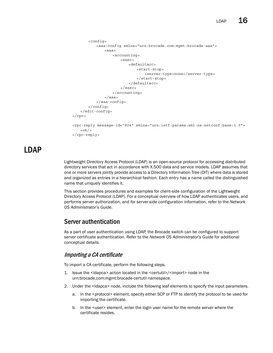 Ldap, Server authentication, Importing a ca certificate | Brocade Network OS NETCONF Operations Guide v4.1.1 User Manual | Page 247 / 622