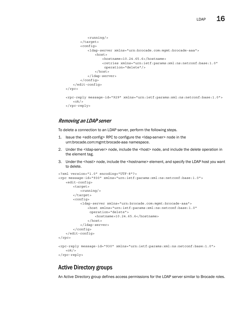 Active directory groups, Removing an ldap server | Brocade Network OS NETCONF Operations Guide v4.1.1 User Manual | Page 251 / 622