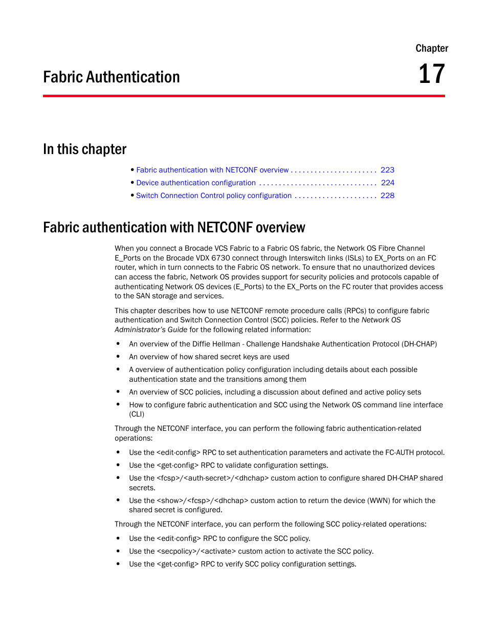 Fabric authentication, In this chapter, Fabric authentication with netconf overview | Chapter 17, Chapter 17, “fabric authentication | Brocade Network OS NETCONF Operations Guide v4.1.1 User Manual | Page 255 / 622