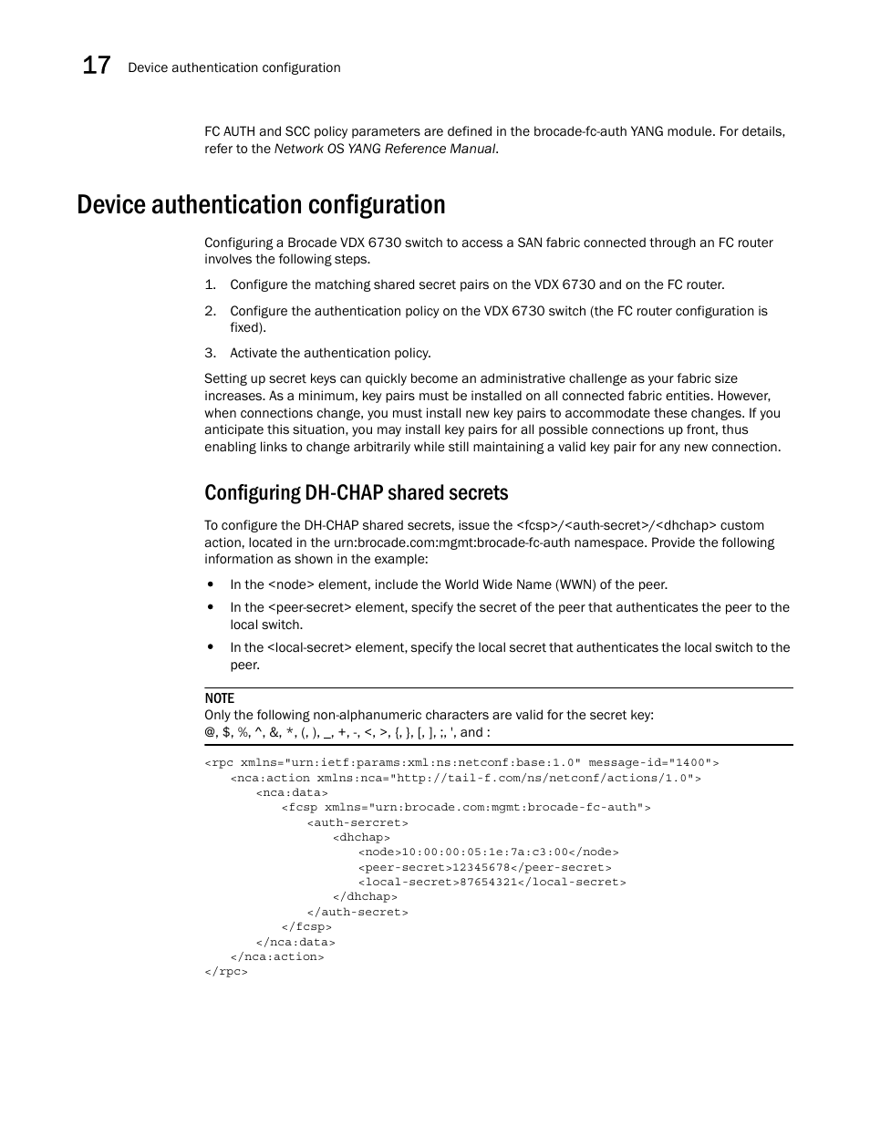 Device authentication configuration, Configuring dh-chap shared secrets | Brocade Network OS NETCONF Operations Guide v4.1.1 User Manual | Page 256 / 622