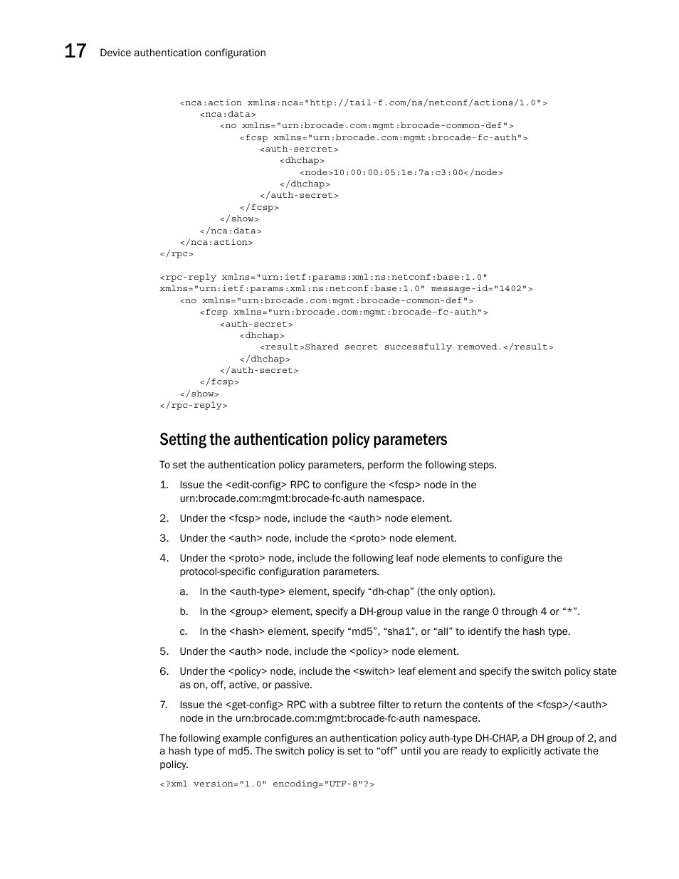 Setting the authentication policy parameters | Brocade Network OS NETCONF Operations Guide v4.1.1 User Manual | Page 258 / 622